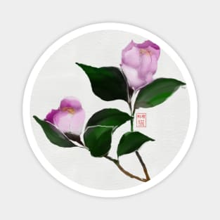 Deep pink watercolor and sumiE camellia flowers Magnet